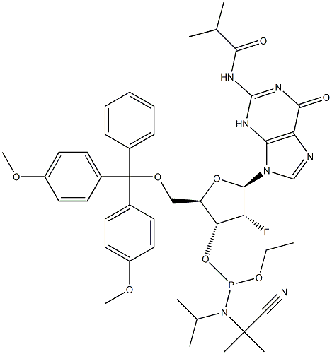 5'-O-[Bis(4-methoxyphenyl)fenilmetil]-2'-deoxy-2'-fluoro-N-(2-metil-1-oxopropyl)guanosine 3'-[2-cyanoethyl N,N-bis( 1-metiletil)fosforamidit]